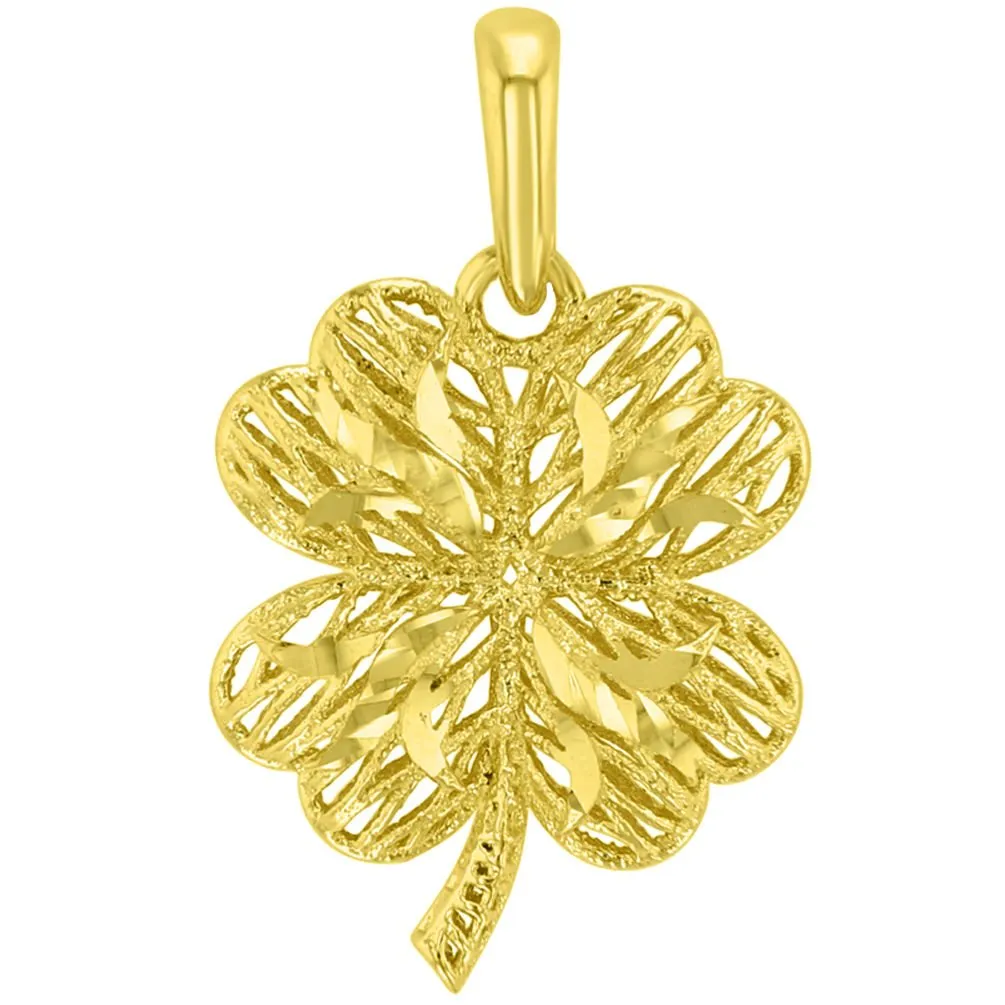 Textured 14k Yellow Gold Puffed 3-D Four Leaf Clover Pendant with Figaro Chain Necklace