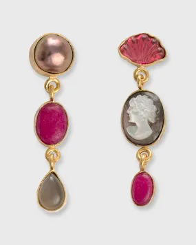 Three Charm Moving Drop Earrings in Burgundy