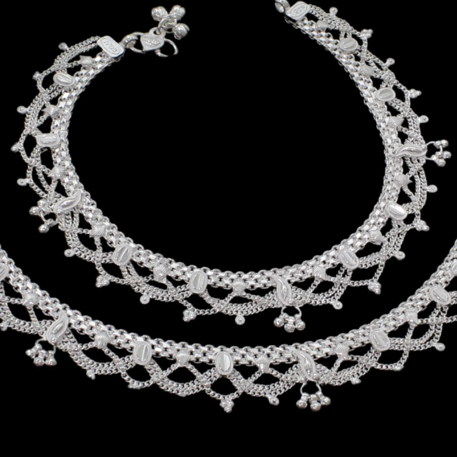 Traditional jhallar style Real Sterling Silver Indian women Anklets Ankle Pair 10"