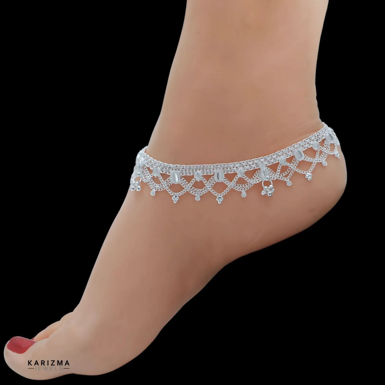 Traditional jhallar style Real Sterling Silver Indian women Anklets Ankle Pair 10"