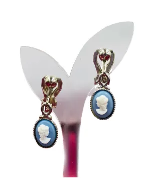 Vintage Clip-On Blue Dangling Cameo Earrings