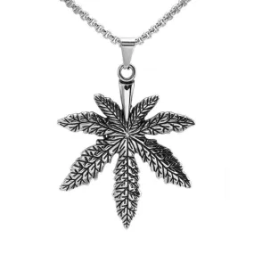 Vintage Look Silver tone Biker Pot Leaf Peace Symbol Pendant Necklace SS Chain 70CM Long