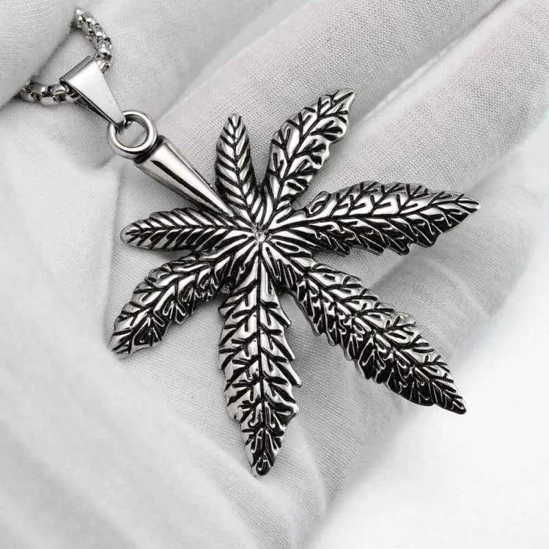 Vintage Look Silver tone Biker Pot Leaf Peace Symbol Pendant Necklace SS Chain 70CM Long