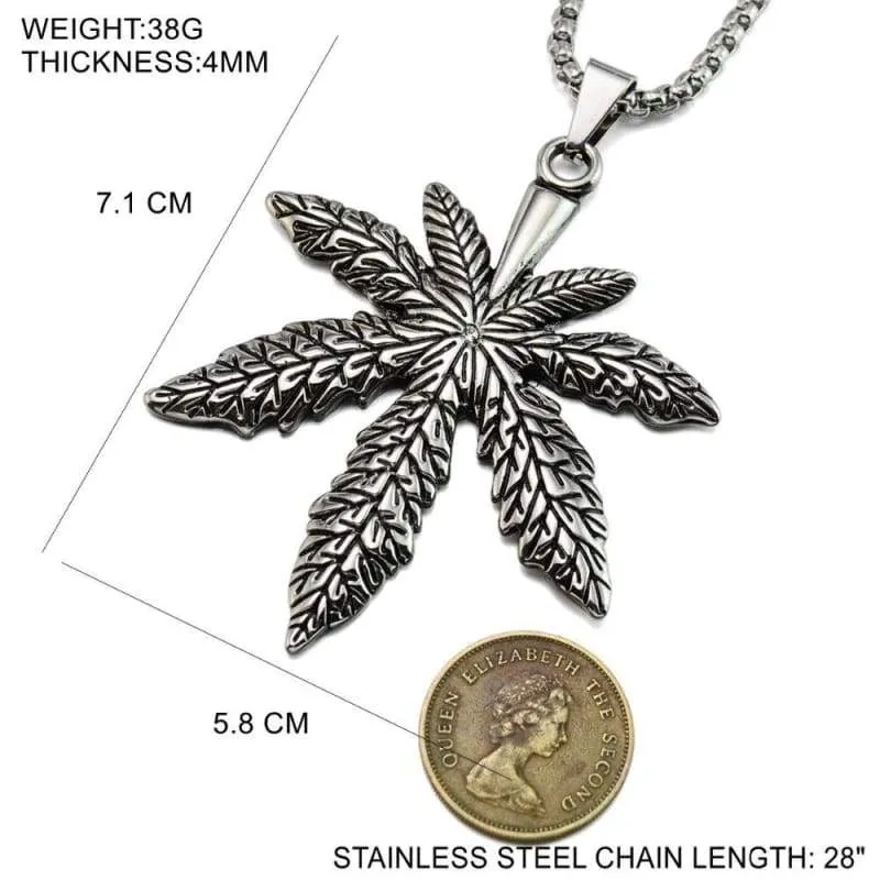 Vintage Look Silver tone Biker Pot Leaf Peace Symbol Pendant Necklace SS Chain 70CM Long