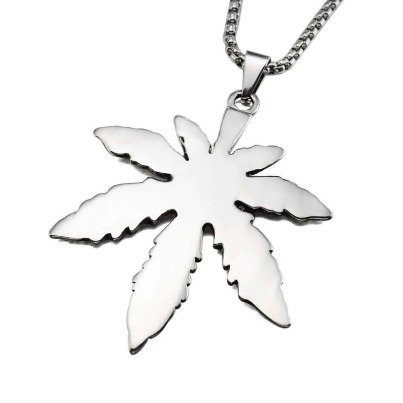 Vintage Look Silver tone Biker Pot Leaf Peace Symbol Pendant Necklace SS Chain 70CM Long