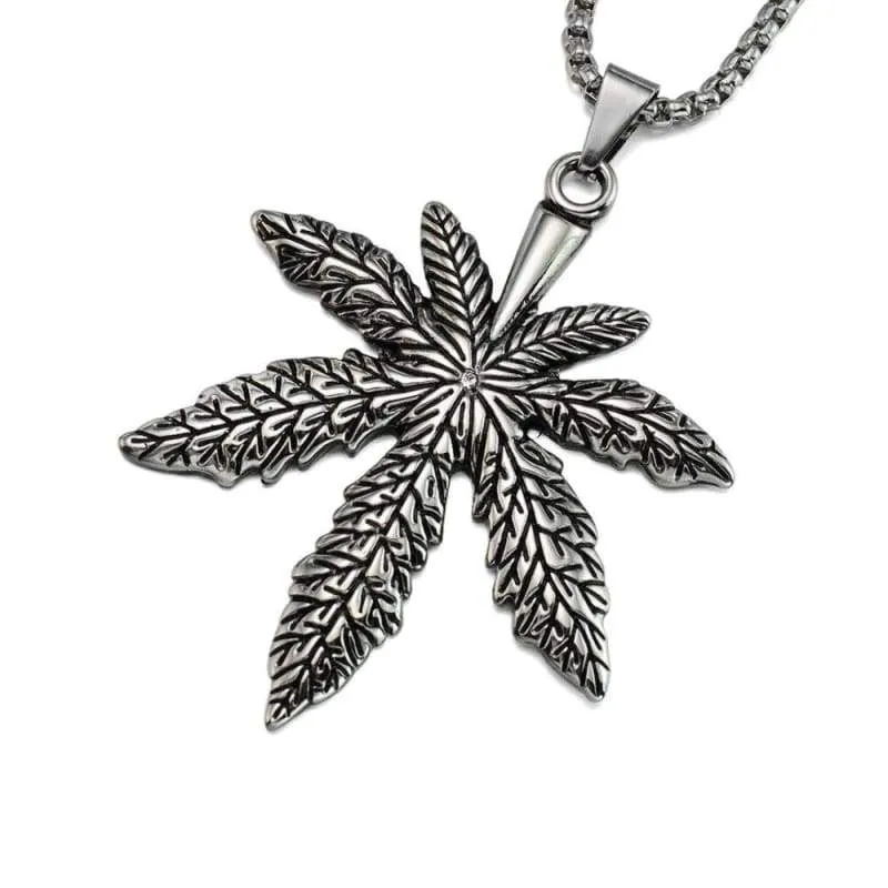 Vintage Look Silver tone Biker Pot Leaf Peace Symbol Pendant Necklace SS Chain 70CM Long