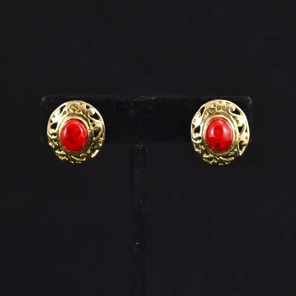 Vintage Red Stone Cameo Earrings