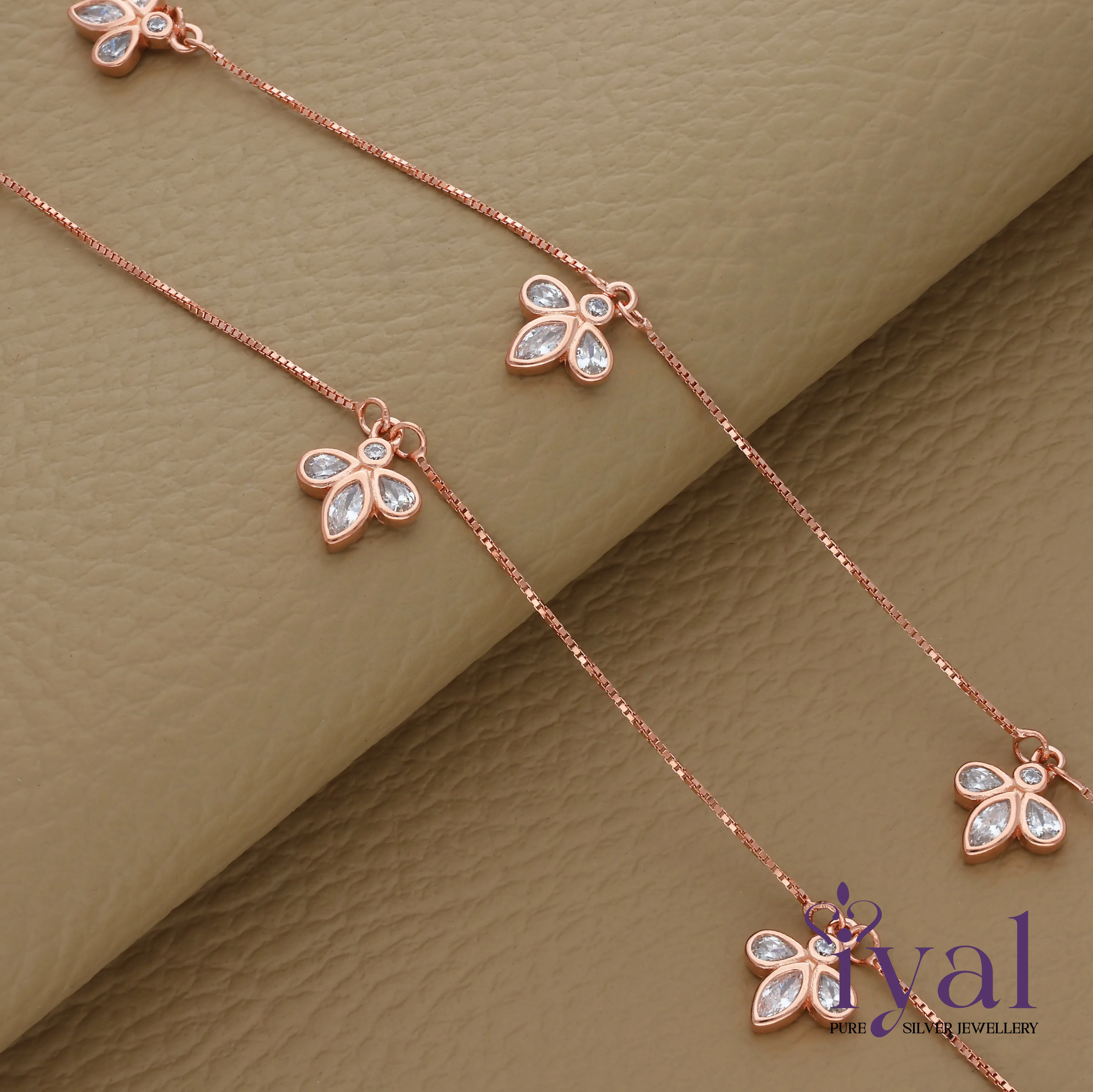 Vivid Leaf Bunch Rose Gold Polish Charm Silver Anklet