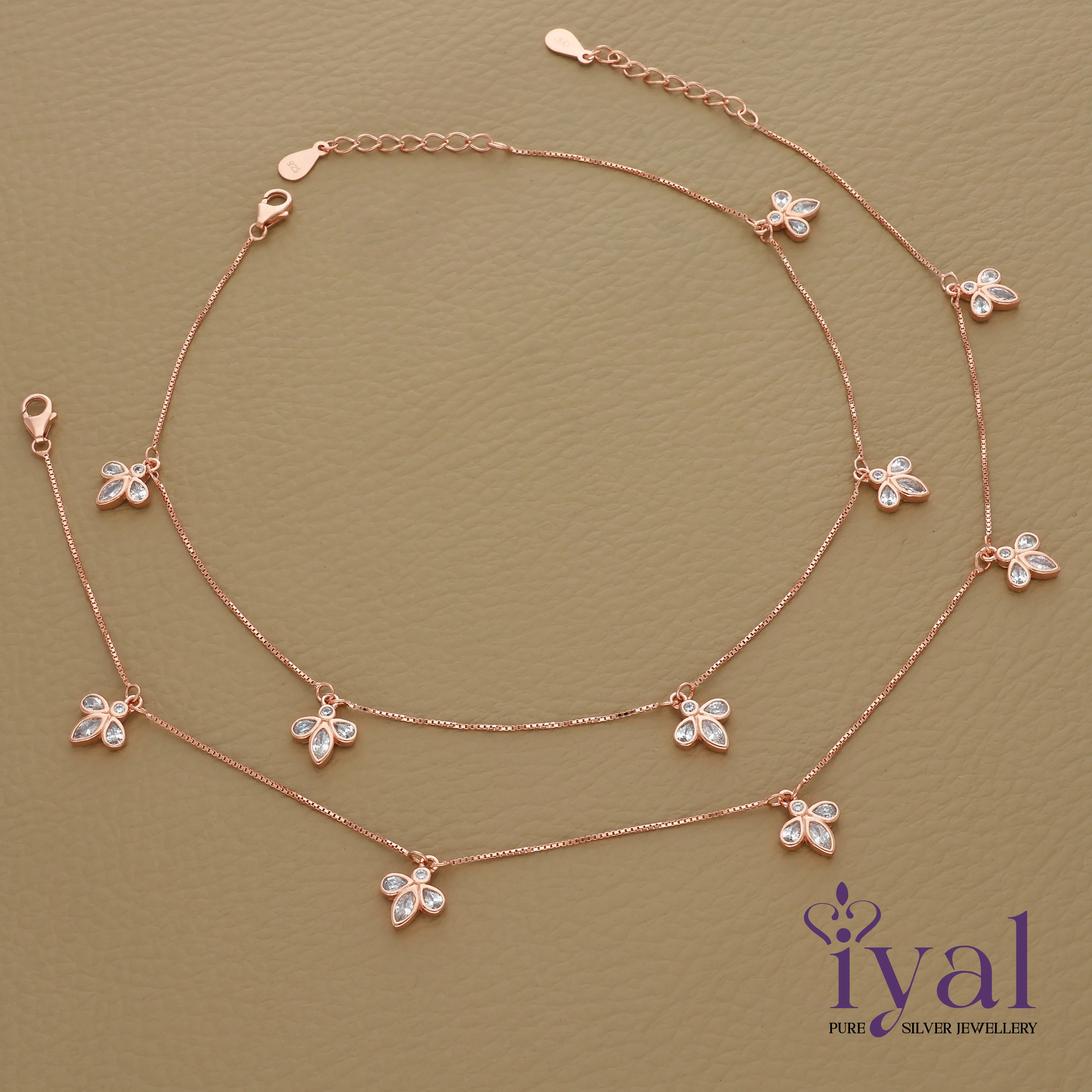 Vivid Leaf Bunch Rose Gold Polish Charm Silver Anklet
