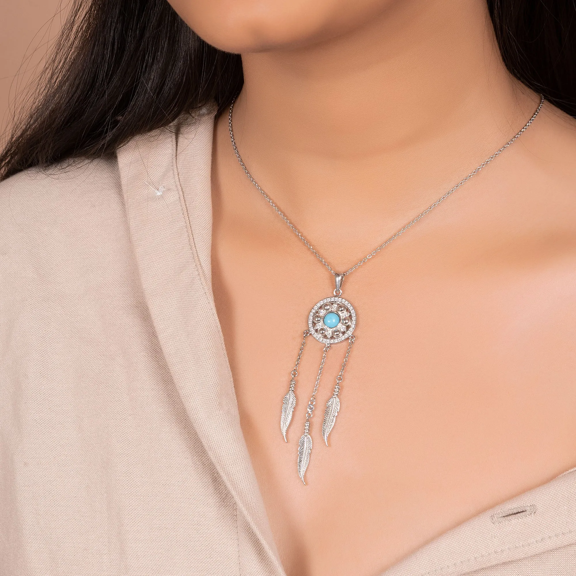 Western Boho Turquoise Feather Dream Catcher Pendant Necklace Sterling Silver