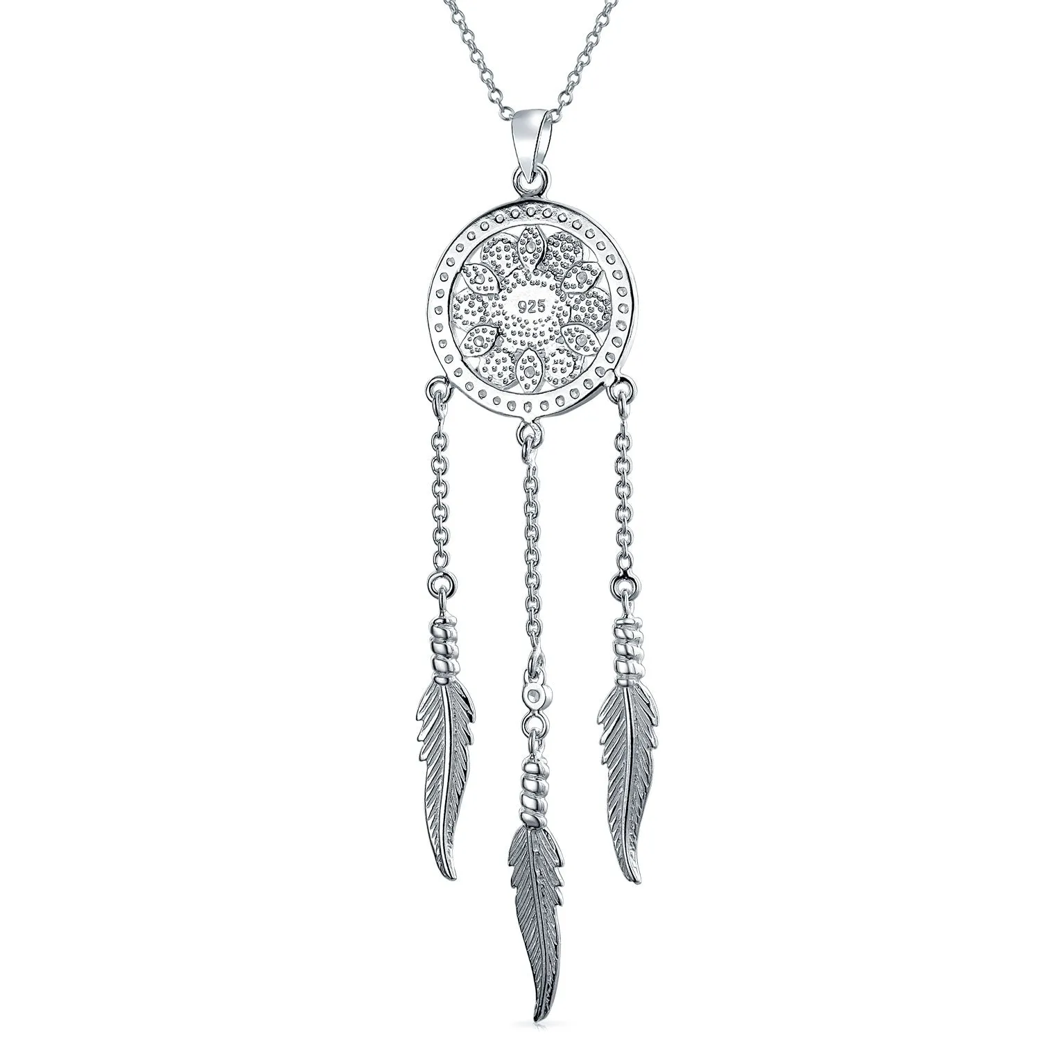 Western Boho Turquoise Feather Dream Catcher Pendant Necklace Sterling Silver