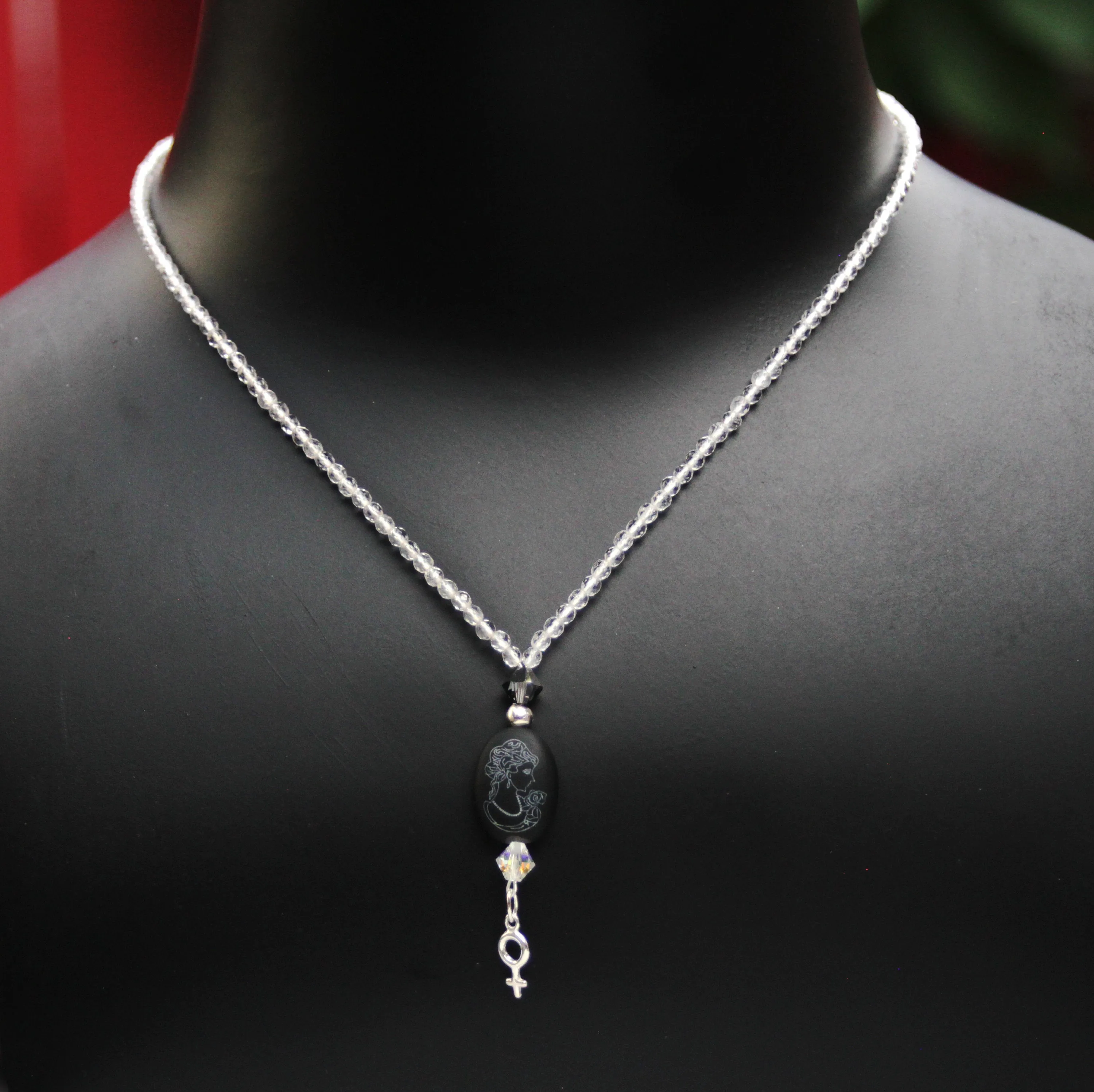 Women's Small Onyx gemstone Cameo and Sterling Silver Venus Charm