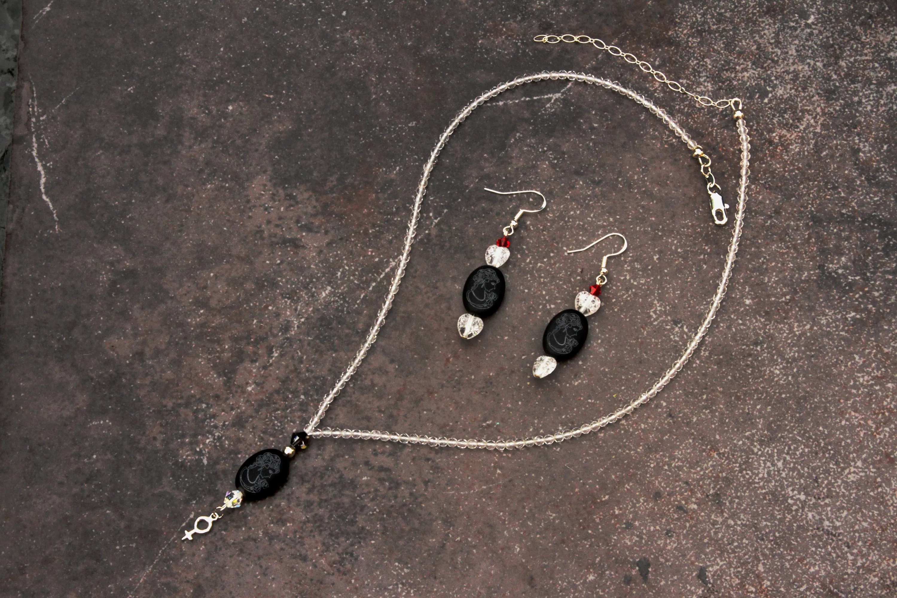 Women's Small Onyx gemstone Cameo and Sterling Silver Venus Charm
